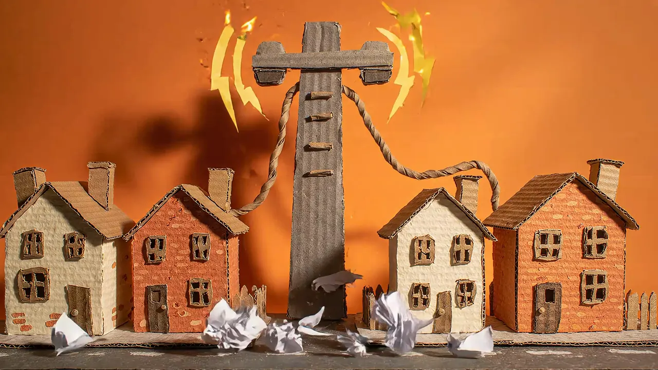 Cardboard-model street with a sparking telegraph pole, from the Community Bits film